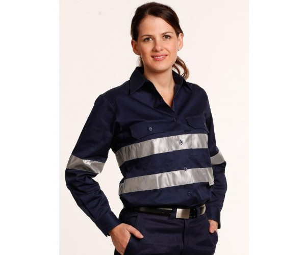 WOMENS COTTON DRILL WORK SHIRT WITH 3M TAPES WT08HV WOMENS COTTON DRILL WORK SHIRT WITH 3M TAPES WT08HV