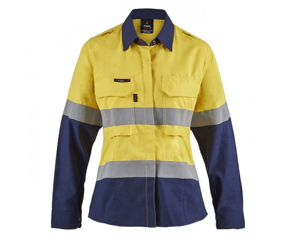 LADIES HI VIS TWO TONE OPEN FRONT SHIRT WITH GUSSET SLEEVES AND FR REFLECTIVE TAPE LADIES HI VIS TWO TONE OPEN FRONT SHIRT WITH GUSSET SLEEVES AND FR REFLECTIVE TAPE