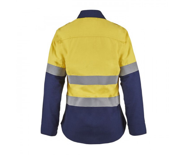 LADIES HI VIS TWO TONE OPEN FRONT SHIRT WITH GUSSET SLEEVES AND FR REFLECTIVE TAPE LADIES HI VIS TWO TONE OPEN FRONT SHIRT WITH GUSSET SLEEVES AND FR REFLECTIVE TAPE