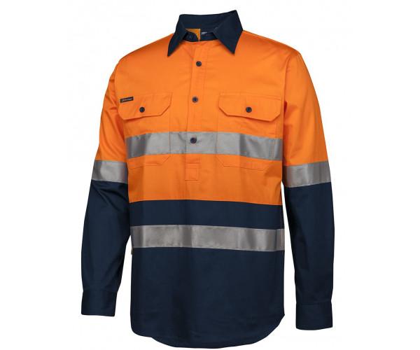 HI VIS Close Front Long Sleeve Work Shirt With Reflective Tape