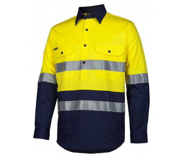 HI VIS Close Front Long Sleeve Work Shirt With Reflective Tape