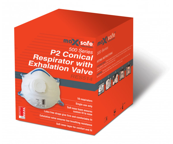 P2 Valved Conical Respirator N95 Maxisafe RES514 Conical Respirator Valved P2 N95 BOX of 10 Disposable Respirator Masks