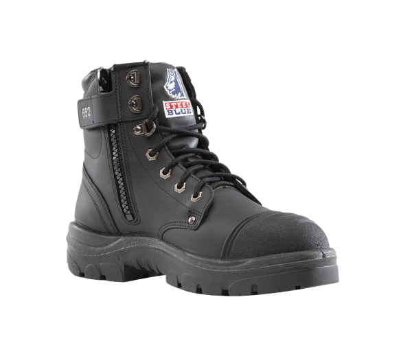 Steel Blue Argyle Zip Scuff Boot 312652 Cowhide leather safety work boot with zip, lace-up, padded collar, scuff cap, and TPU outsole. Meets international safety standards