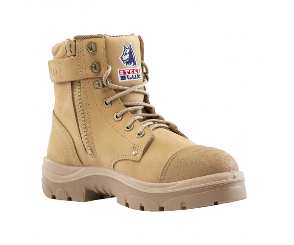 Steel Blue Argyle Zip Scuff Boot 312652 Cowhide leather safety work boot with zip, lace-up, padded collar, scuff cap, and TPU outsole. Meets international safety standards