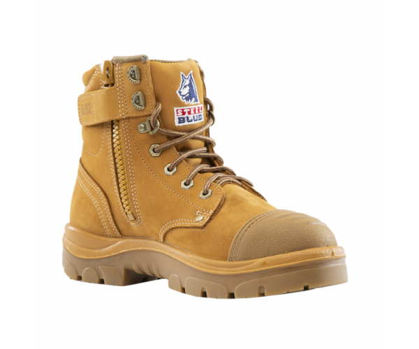 Steel Blue Argyle Zip Scuff Boot 312652 Cowhide leather safety work boot with zip, lace-up, padded collar, scuff cap, and TPU outsole. Meets international safety standards