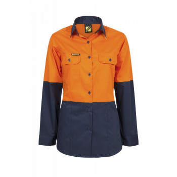 Ladies Lightweight Hi Vis Long Sleeves Vented Cotton Drill Shirt