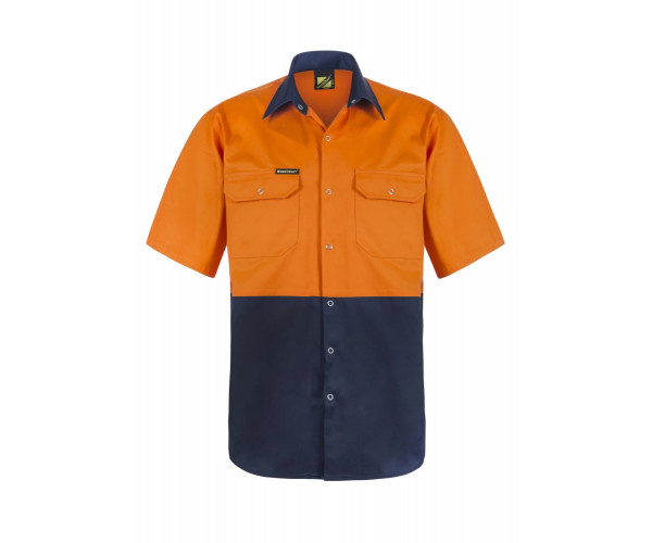 WORK CRAFT TWO TONE SHORT SLEEVE SHIRT WITH PRESS STUDS & POCKETS 100% COTTON WORK CRAFT TWO TONE SHORT SLEEVE SHIRT WITH PRESS STUDS & POCKETS 100% COTTON
